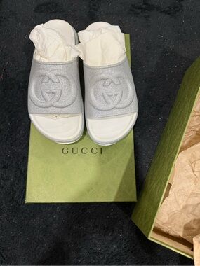 Gucci Silver Glitter Slide Sandals with White Footbed